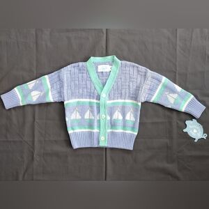 Vintage NWT Hartstrings Boys Blue Boats Cardigan Sweater 12 months Preppy Retro